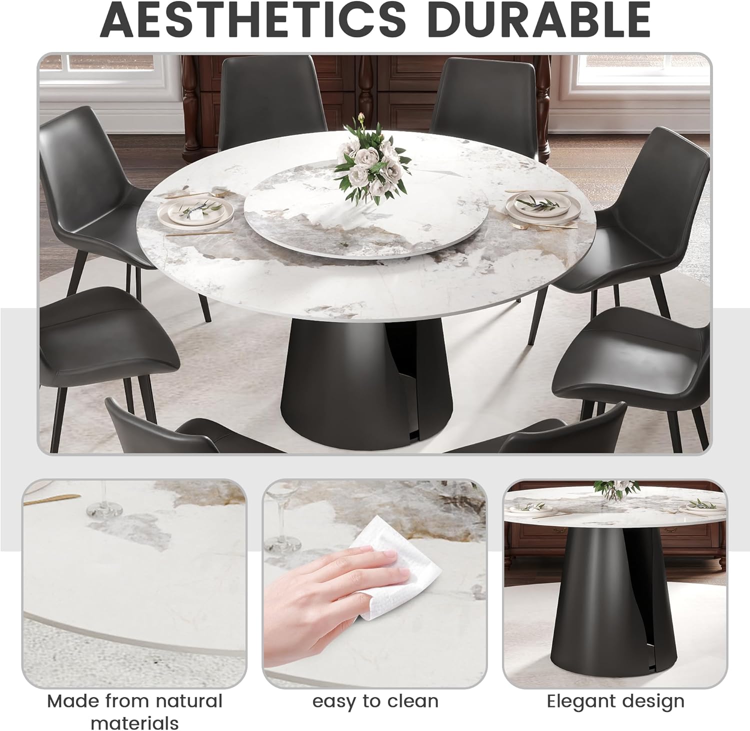 Montary 59" Modern Artificial Marble Round Dining Table with Black Carbon Steel Base & 31.5" White Sintered Stone Turntable, Dining Room Table with Lazy Susan for 6-8 (Only Table)