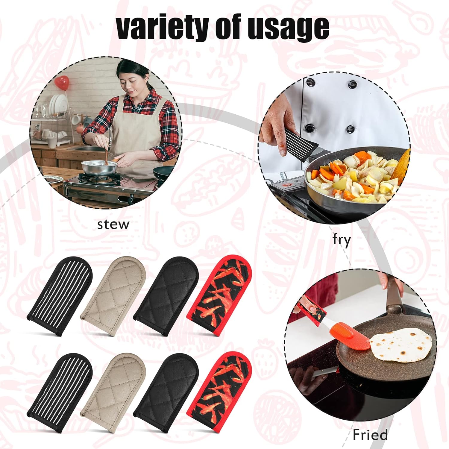 Geiserailie 8 Pieces Pan Handle Sleeve Heat Resistant Pot Sleeve Grip Non-Slip Skillet Pot Holder Machine Washable Cast Iron Handle Cover Cotton Assist Holder, 4 Styles, 3 x 6 Inch(Vivid Style)