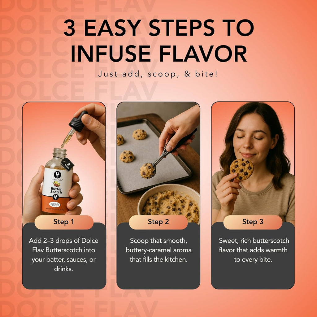 Dolce Flav Natural Butterscotch Extract 2 oz – Kosher, Sugar-Free, Concentrated Rich Butterscotch Flavoring for Baking, Beverages & Desserts, Includes Measured Dropper