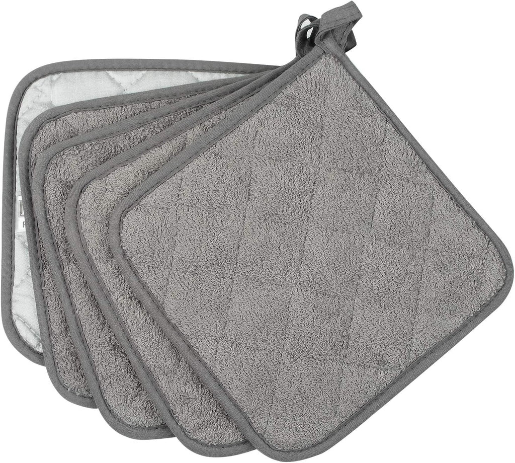 100% Cotton Kitchen Everyday Basic Terry Pot Holder Heat Resistant Coaster Potholder for Cooking and Baking Set of 5 Grey