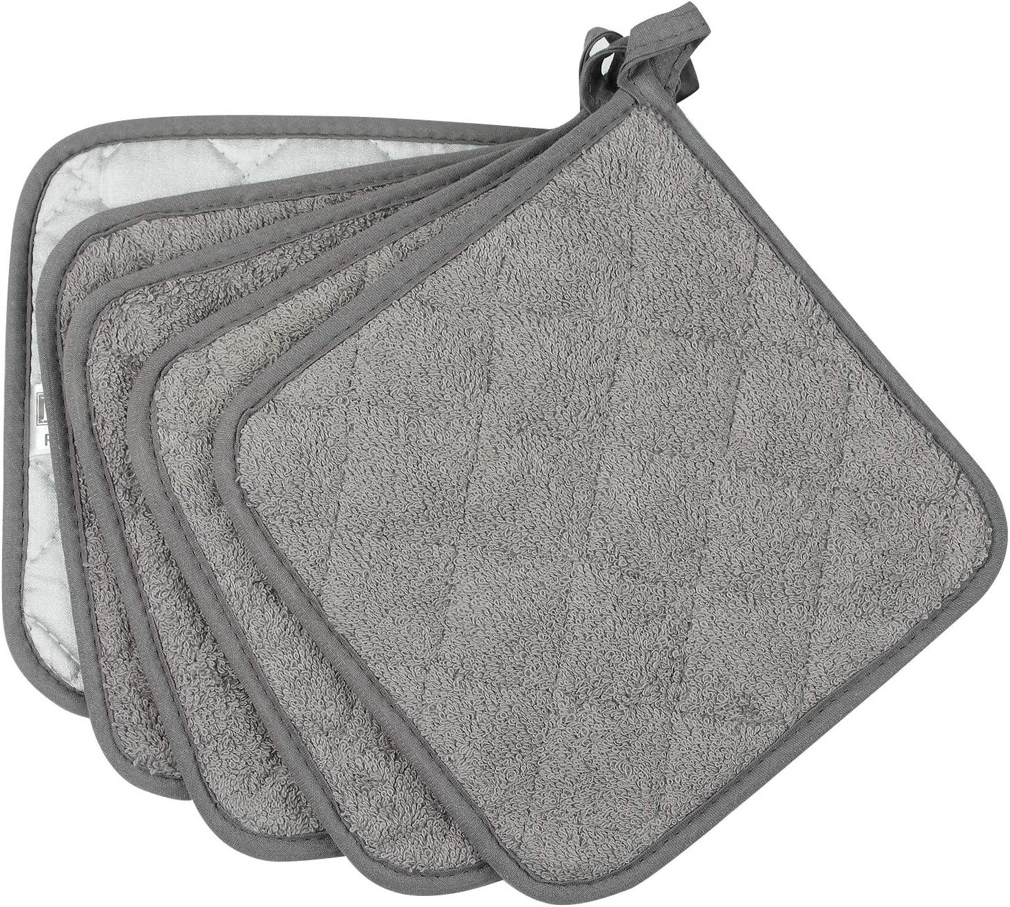 100% Cotton Kitchen Everyday Basic Terry Pot Holder Heat Resistant Coaster Potholder for Cooking and Baking Set of 5 Grey