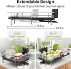 Dish Drying Rack, Expandable Dish Rack for Kitchen Counter, Stainless Steel Dish Drainer with Utensil & Cup Holder 13.8"-22.6" L x 12.1" W (Silver)