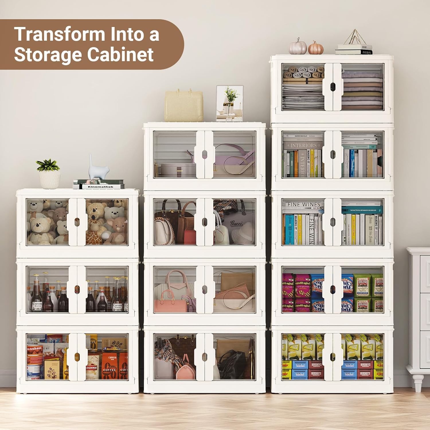 345Qt Stackable Storage Bins with Individual Lids & Wheels, Large Plastic Collapsible Latching Boxes Closet Organizers and Storage Cabinet Shelves Units for Home Kitchen Dorm, 3-Pack White