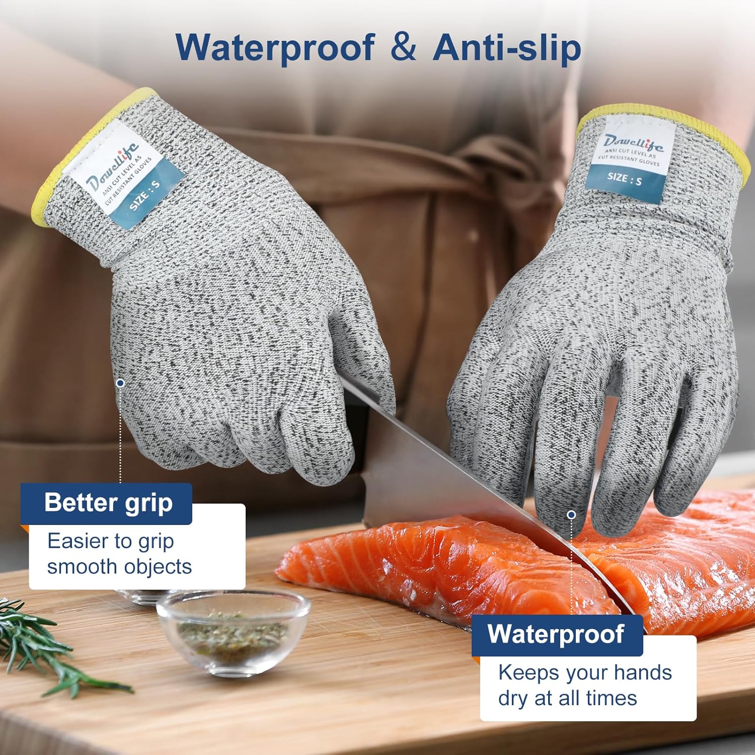 Dowellife Level 5 Cut Resistant Gloves with Silicone Coating, Food Grade Kitchen Knife Safety Gloves, Work Gloves for Chef, Mandoline Oyster Shucking Meat Cutting Wood Carving (Gray Small)