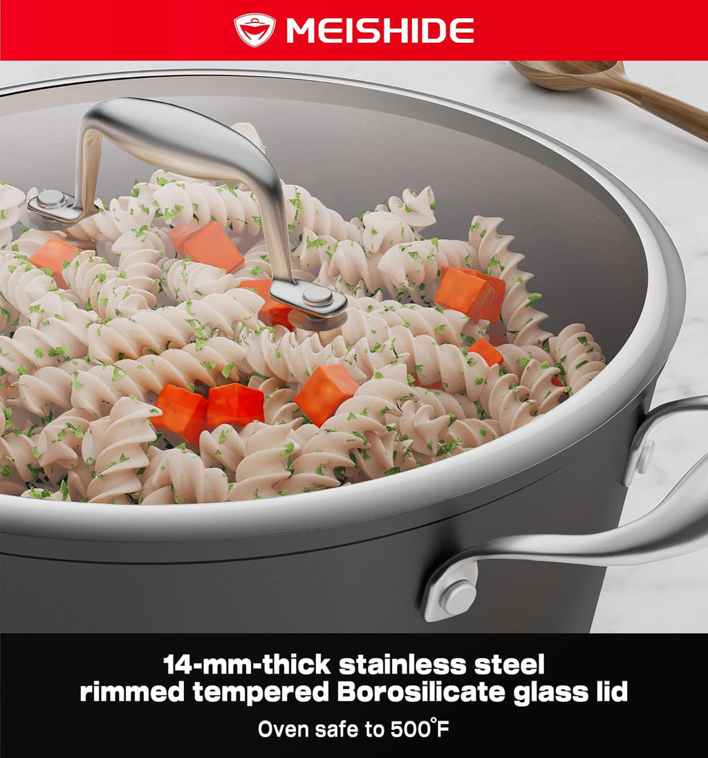 Pots and Pans Set Non Stick, Oven Safe 500F Premium Hard Anodized Induction Cookware Sets 8 Pcs, Frying Pans & Saucepans with Stay-Cool Handles, Glass Lids, PFAS/PFOS/PFOA/BPA Free, Black