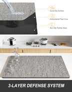 Rnivvi Dish Drying Mat for Kitchen Counter, XL 15 x 24" Cute Flower Theme Absorbent Draining Pad, Non-Slip Heat Resistant Coffee Bar Mats for Coffee Machine Station Accessories, Grey Dish Rack Pad
