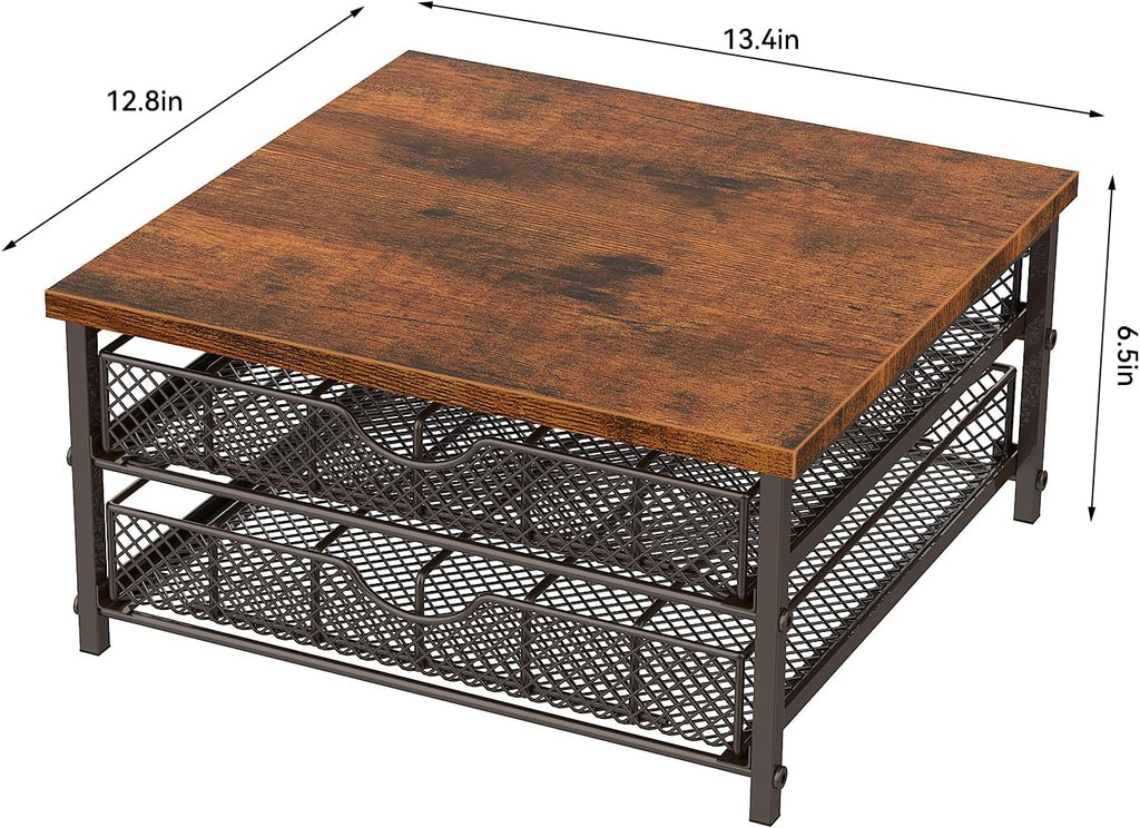 Coffee Pod Drawer K Cups Organizer 2-Tier Coffee Pod Storage Holder with Drawer Baskets 72 Capacity Coffee Capsule Storage Organizer Drawer, Industrial Brown and Bronze