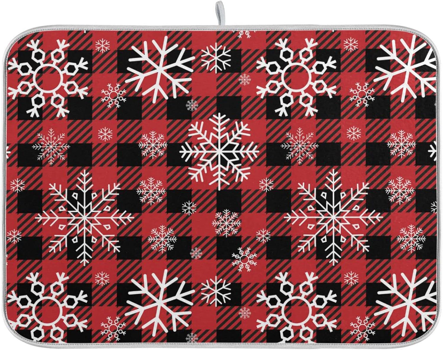Snowflake Buffalo Plaid Dish Drying Mat for Kitchen Counter Christmas Absorbent Microfiber Drying Pad, Lager 18x24 in, Reversible Drainer Mats