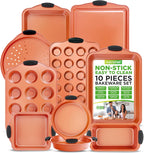 NutriChef 10-Piece Nonstick Baking Pan Set - Premium Carbon Steel Bakeware with Silicone Handles, Baking Pans, Pizza Pan, Square Pan, Loaf Pan, Cookie Sheet, Round Pan, 12/24 Cup Muffin Pan (Copper)