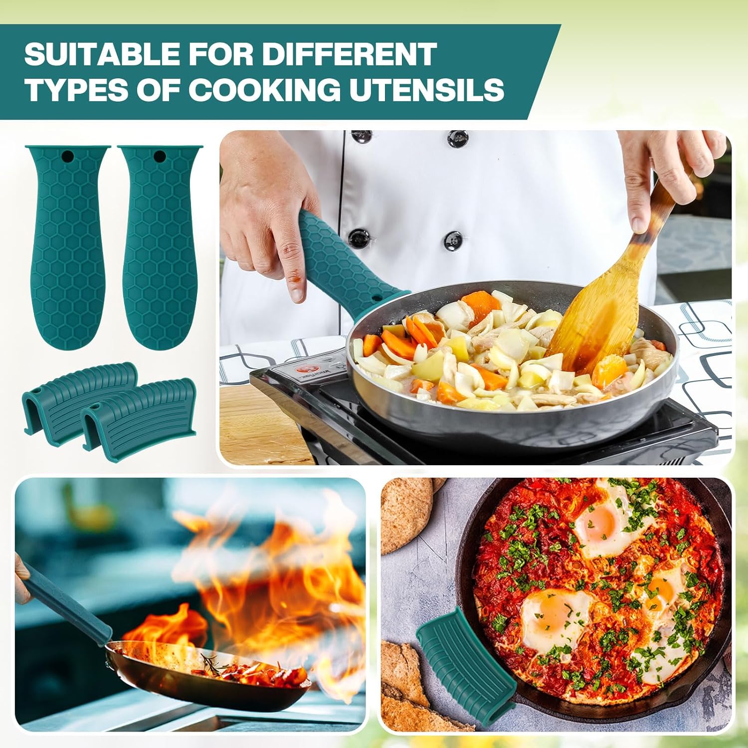 Patelai 8 Pcs Silicone Pot Holders Set Cast Iron Handle Cover Heat Resistant Pot Handle Covers Potholder Non Slip Reusable Pan Sleeve for Frying Pan Kitchen Supplies(Green)