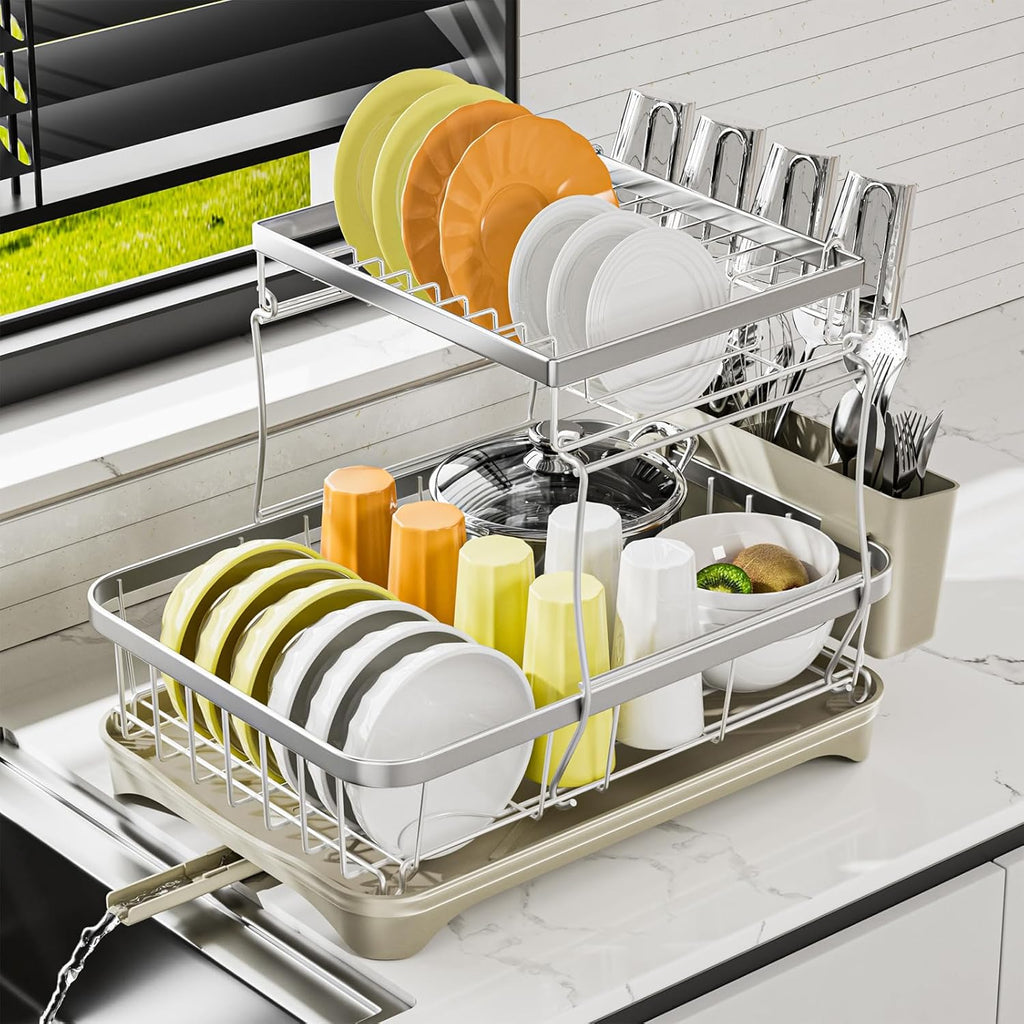 Dish Drying Rack Kitchen 2-Tier 304 Stainless Steel Dish Racks for Kitchen Counter,Dish Strainer with Adjustable Draining Tray,Drying Rack with Water Cup Hook & Cutlery Holder,Grey
