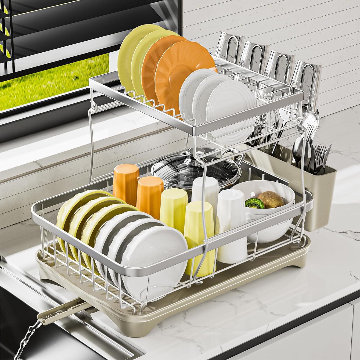 Dish Drying Rack Kitchen 2-Tier 304 Stainless Steel Dish Racks for Kitchen Counter,Dish Strainer with Adjustable Draining Tray,Drying Rack with Water Cup Hook & Cutlery Holder,Grey