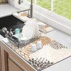 Findosom 2PCS 16" x 24" Dish Drying Mat & 24" x 5.5" Sink Splash Guard, Super Absorbent & Cuttable Dish Mat Drying Kitchen Mat with Brown Floral, Hide Stain Drying Mat for Kitchen Counter