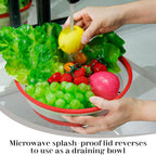 10.7 Inch Microwave Food Cover with Heat Insulation Mat, Anti-Scald Collapsible Microwave Splatter Cover, Multi-Functional as Colander & Fruit Plate, Dishwasher Safe, Ideal for Meal Prep (Red)