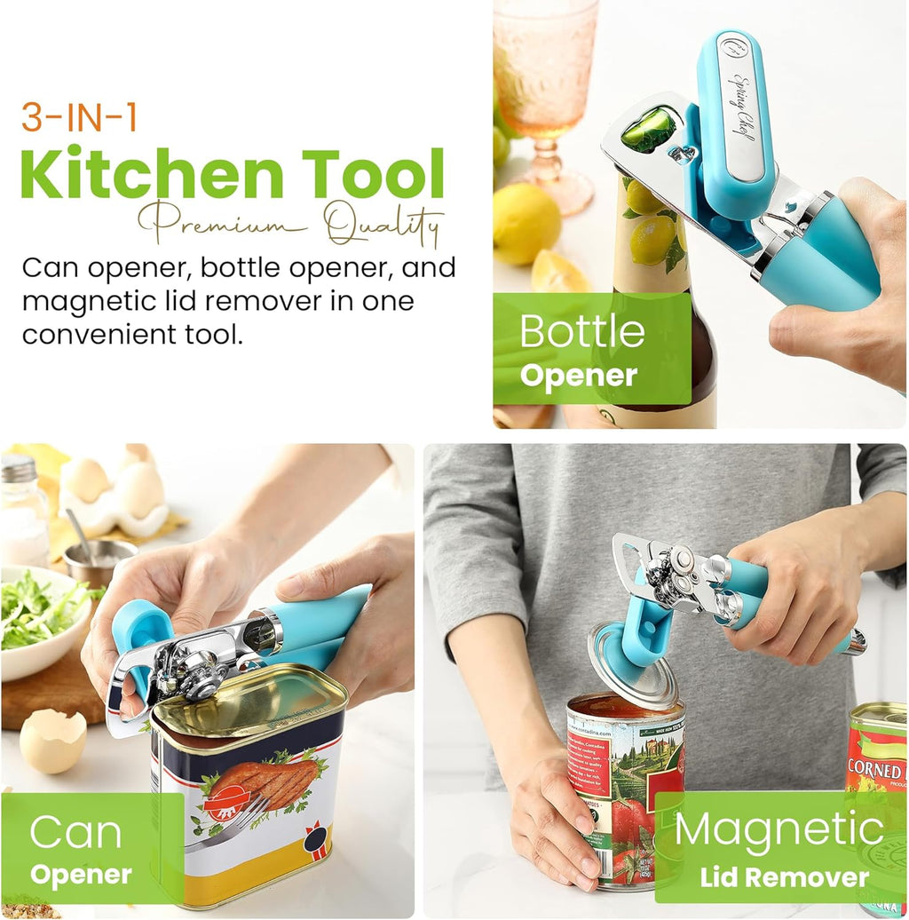 Spring Chef Stainless Steel Can Opener - Manual with Soft Grip Handles, Easy Turn, Heavy Duty Hand Can Openers for Seniors with Smooth Edge - Magnetic Lid Remover - Aqua Sky