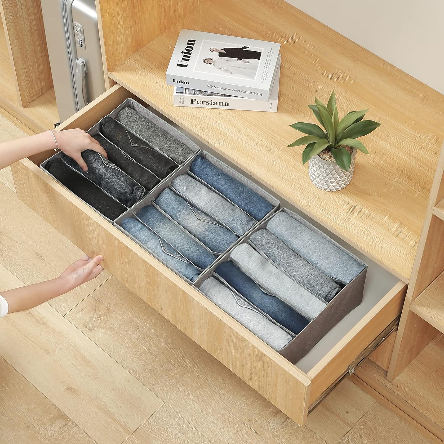 Qozary Pants Jeans Organizer for Closet, 4 Pack Drawer Organizers for Clothing, 5 Grids Wardrobe Clothes Storage for Deep Drawer, T-Shirts, Legging, Short