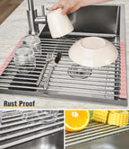 Tomorotec 17.7" x 12.5" Roll Up Dish Drying Rack Over Sink Drying Rack Sink Cover Kitchen Sink Accessories Gadget Multipurpose Organizer Foldable Stainless Steel Drainer
