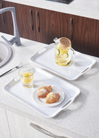 Blue Boat 16.5" x 11.5" Serving Trays Set of 4 White, Dinner Tray, Light Weight Easy to Clean Sturdy Stackable Melamine Serving Tray with Handle, Fruit, Snacks, and Desserts Trays