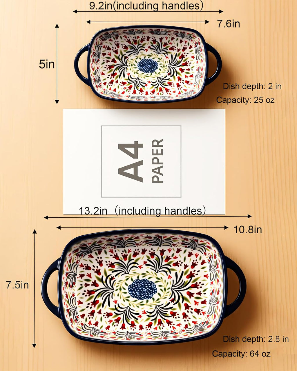 Polish Pottery Style Ceramic Baking Dish Set of 2 – Decorative Casserole Dishes with Handles, Cute Oven-Safe Lasagna Bakeware Gift Set