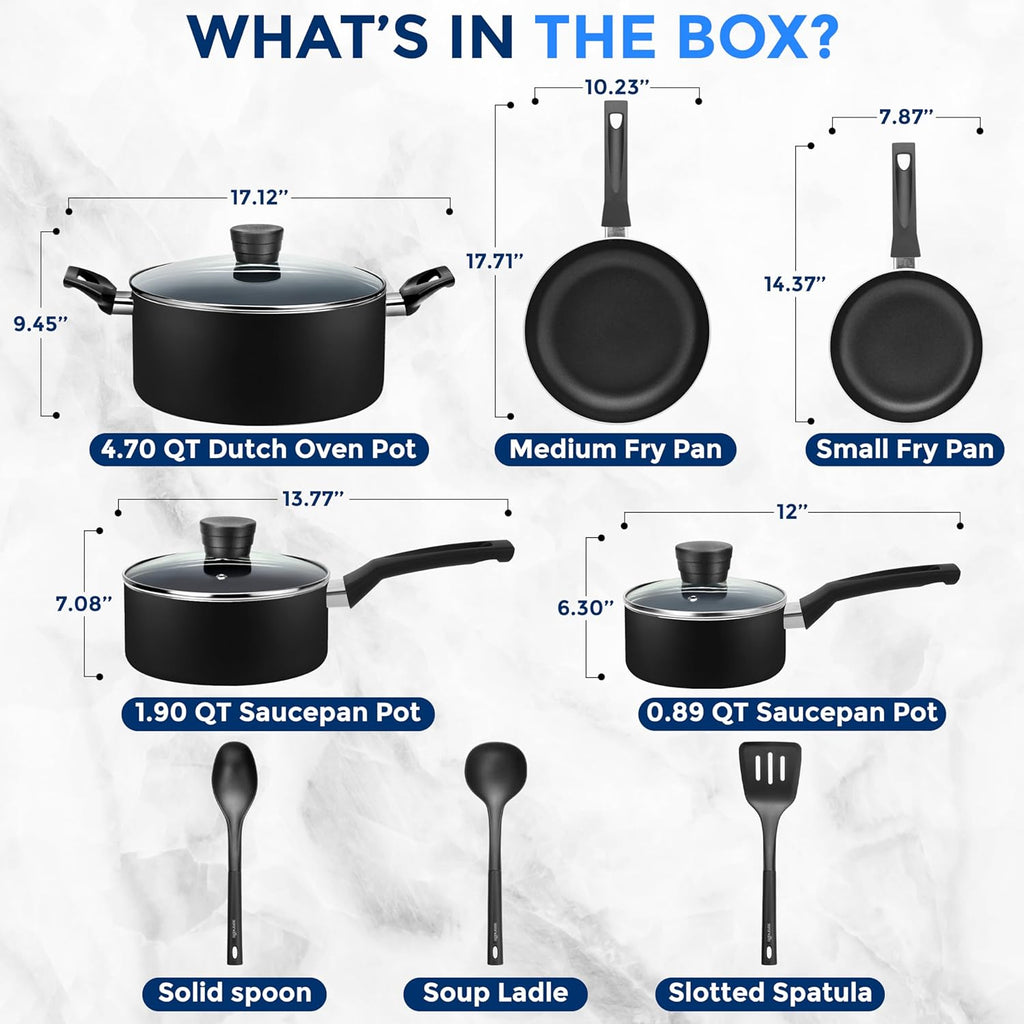 SereneLife Kitchenware Pots & Pans Basic Kitchen Cookware, Black Non-Stick Coating Inside, Heat Resistant Lacquer (11-Piece Set), One Size, Black