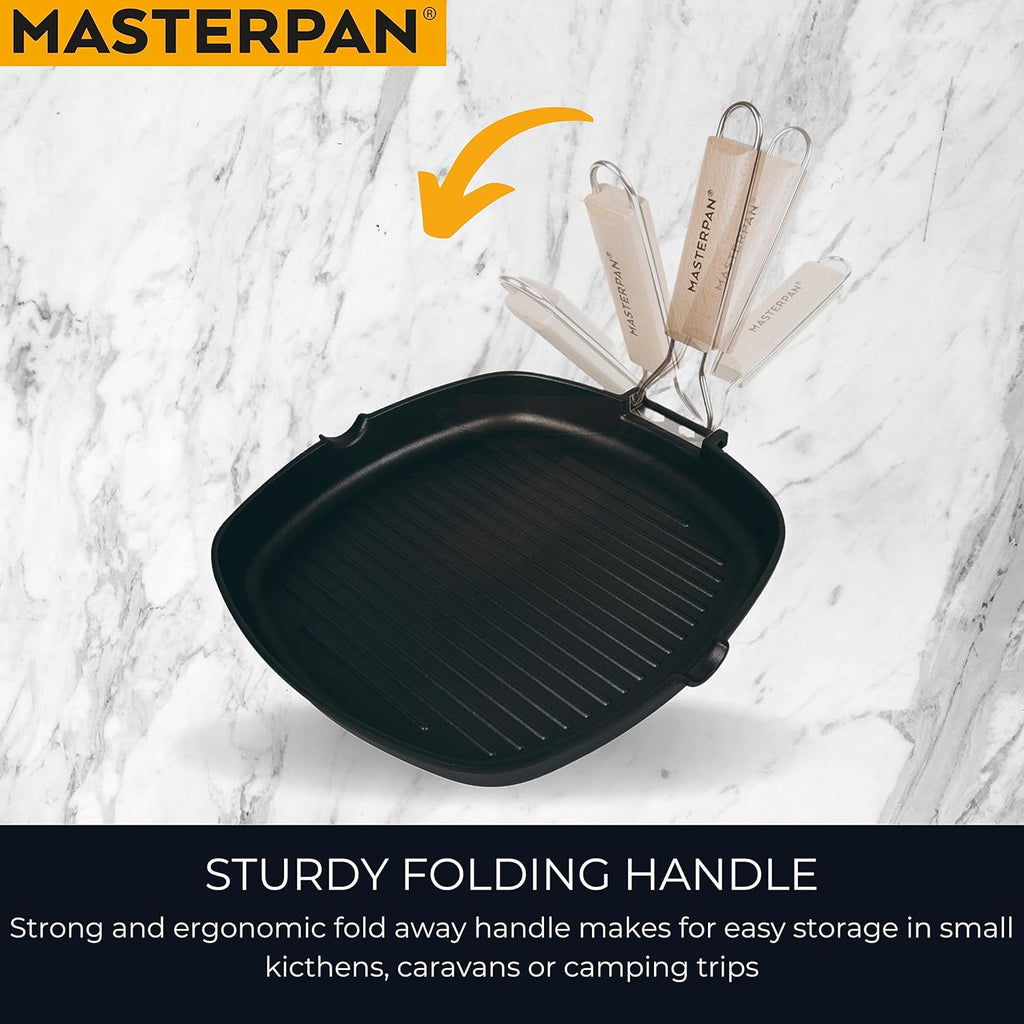 Non-Stick Grill Pan with Folding Wooden Handle, 8", Black and Brown