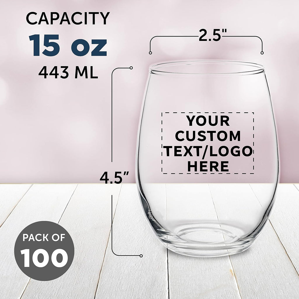Custom Stemless Wine Glasses by ARC Perfection 15 oz. Set of 100, Personalized Bulk Pack - Restaurant Glassware, Perfect for Red Wine, White Wine, Cocktails - Clear
