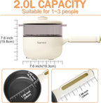 TOPWIT Hot Pot Electric with Steamer, 2L Multifunctional Electric Pot, Non-Stick Sauté Pan, Portable Pot for Steak, Fried Rice, Ramen, Soup with Dual Power Control (Silicone Spatula Included), Beige