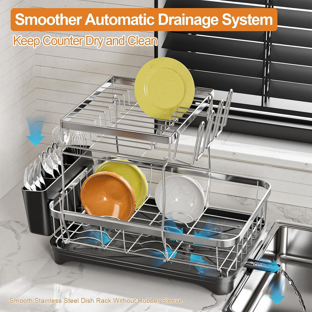 Dish Drying Rack Kitchen 2-Tier 304 Stainless Steel Dish Racks for Kitchen Counter,Dish Strainer with Adjustable Draining Tray,Drying Rack with Water Cup Hook & Cutlery Holder,Black