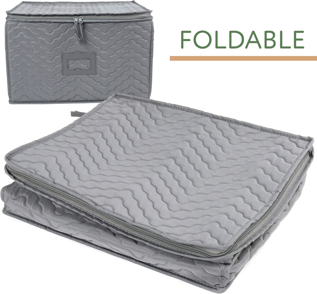 LotFancy Stemware Storage Container - Deluxe Quilted Storage Case with Dividers for 12 - Wine Glasses, Champagne Flutes, Glassware, Drinkware Storage Box Chest, 15.5"x12.5"x 10", Gray