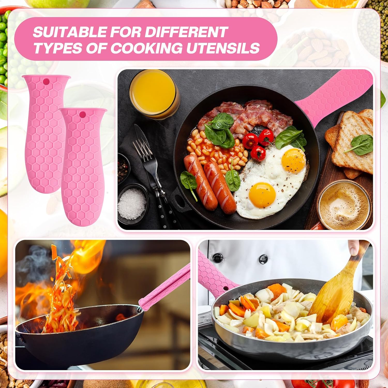 Patelai 2pcs Silicone Handle Cover for Cast Iron Skillet Kitchen Silicone Handles for Pots and Pans Non-Slip Pot Holder Sleeve for Fry Pan Griddles Metal Aluminum Cookware(Pink)