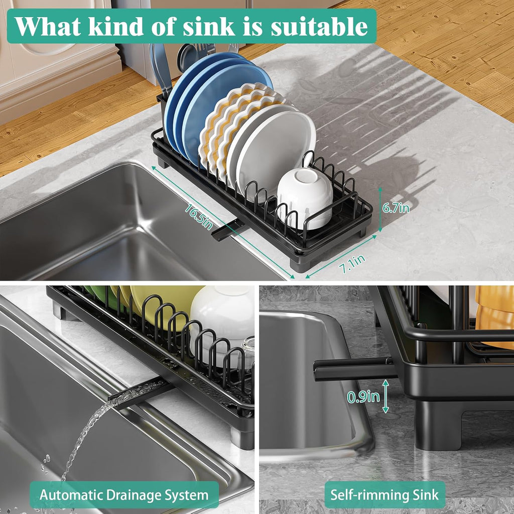 Giwil Small Dish Drying Rack, Compact Dish Rack with Drainboard for Kitchen Counter, Multifunctional Rustproof Dish Drainer Plate Organizer Used Over Sink & on Countertop, Black