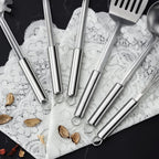 6-Piece Kitchen Cooking Utensils Set, Stainless Steel Kitchen Utensils with Suspendable Handle, Spatula, Slotted Turner, Soup Ladle, Slotted Spoon, Whisk, Pasta Server, Dishwasher Safe