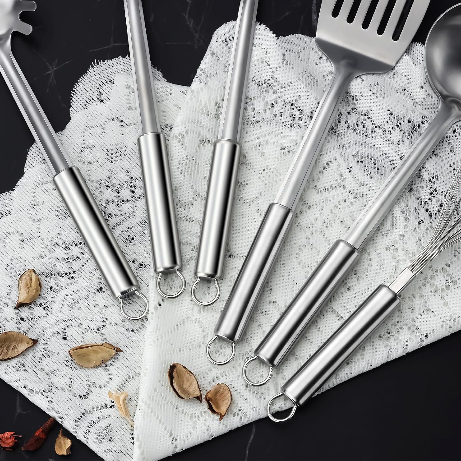 6-Piece Kitchen Cooking Utensils Set, Stainless Steel Kitchen Utensils with Suspendable Handle, Spatula, Slotted Turner, Soup Ladle, Slotted Spoon, Whisk, Pasta Server, Dishwasher Safe