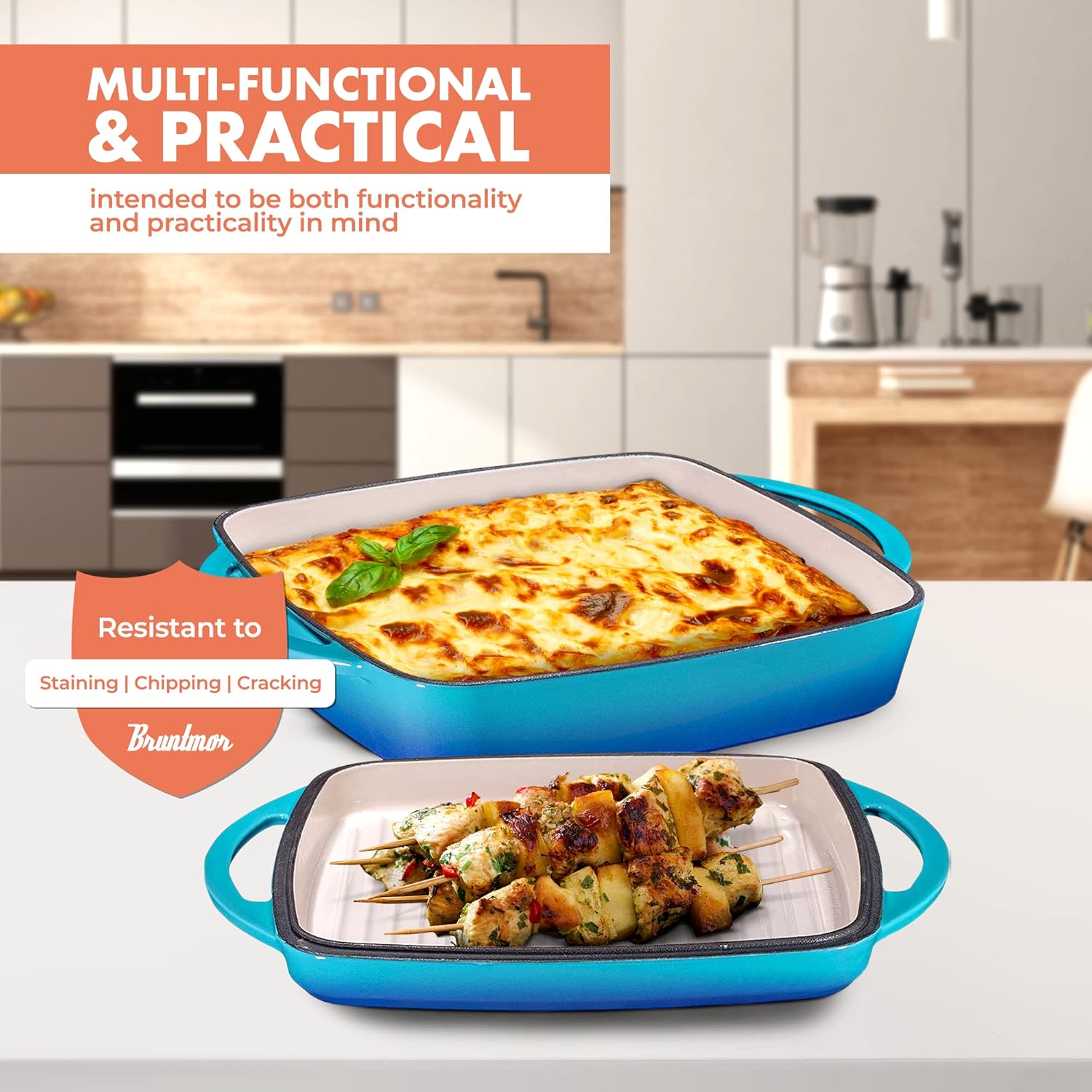 Bruntmor 2-in-1 Pre-Seasoned Square Cast Iron Dutch Oven with Dual Handles, Non Stick Pan with Grill, All-in-One Cookware Set, Cast Iron Casserole Dish with Lid for Braising Dishes,Caribbean Blue