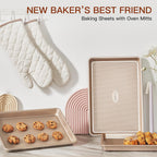 HONGBAKE 3 Pack Gold Nonstick Baking Sheet Pan Set with Oven Mitts Heat Resistant, Non-Toxic Half/Quarter/Jelly Roll Pans with Diamond Texture Pattern, Heavy Duty 0.8mm Thick Cookie Trays for Cooking