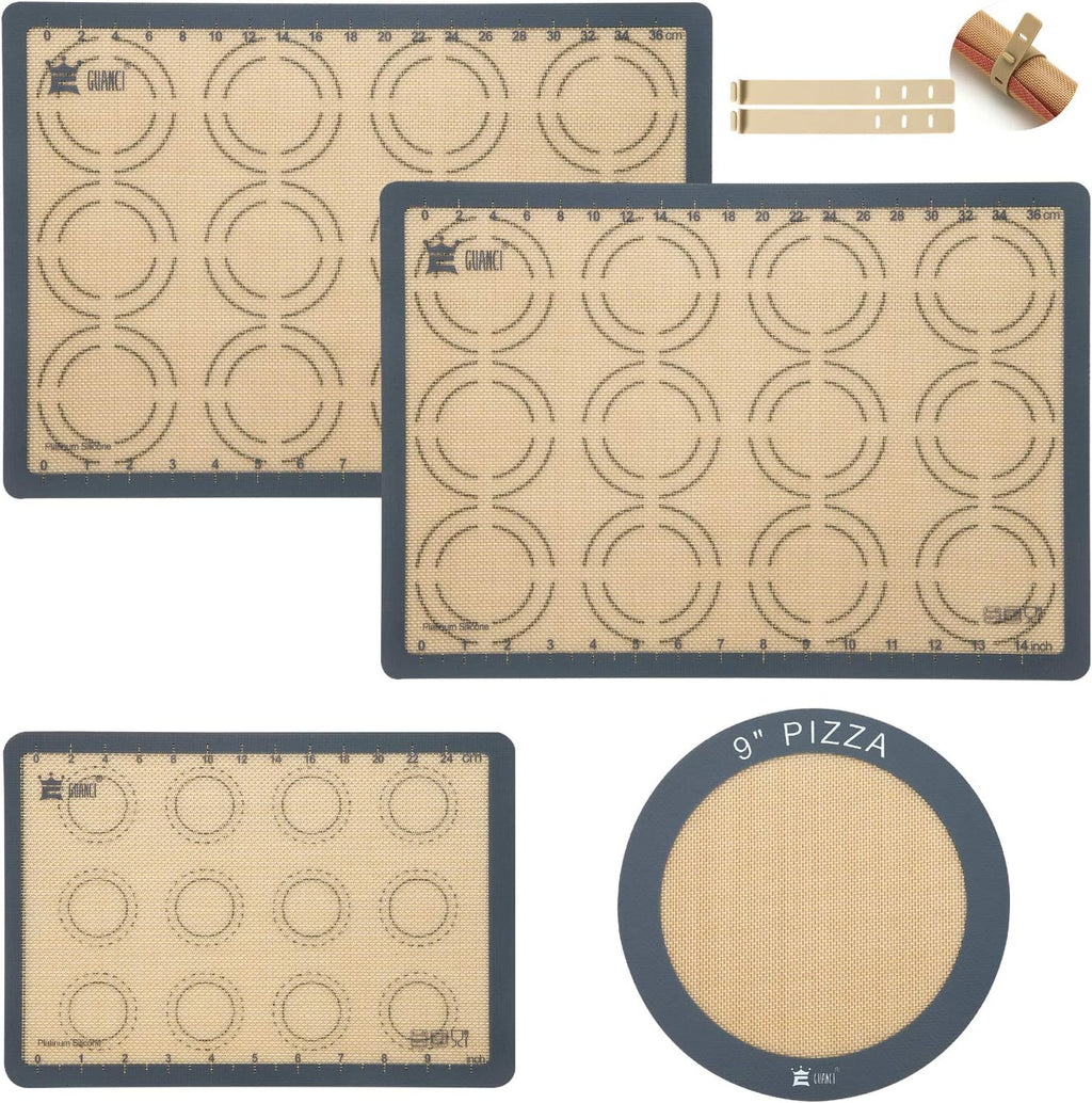 Silicone Baking Mat Set of 4, GUANCI Grade Food Baking mats Non-Stick Reusable Pizza Bakeware Mat for Making Macaroon, Pizza, Cookie, Pastry, Bread, Bun(Grey)