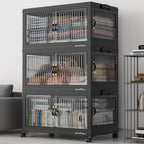 360QT Large Stackable Storage Bins with Lids, Plastic Closet Organizer and Storage Drawer, Collapsible Storage Box with Wheels, Folding Storage Cabinet with Doors for Home Kitchen, 3Pack Black