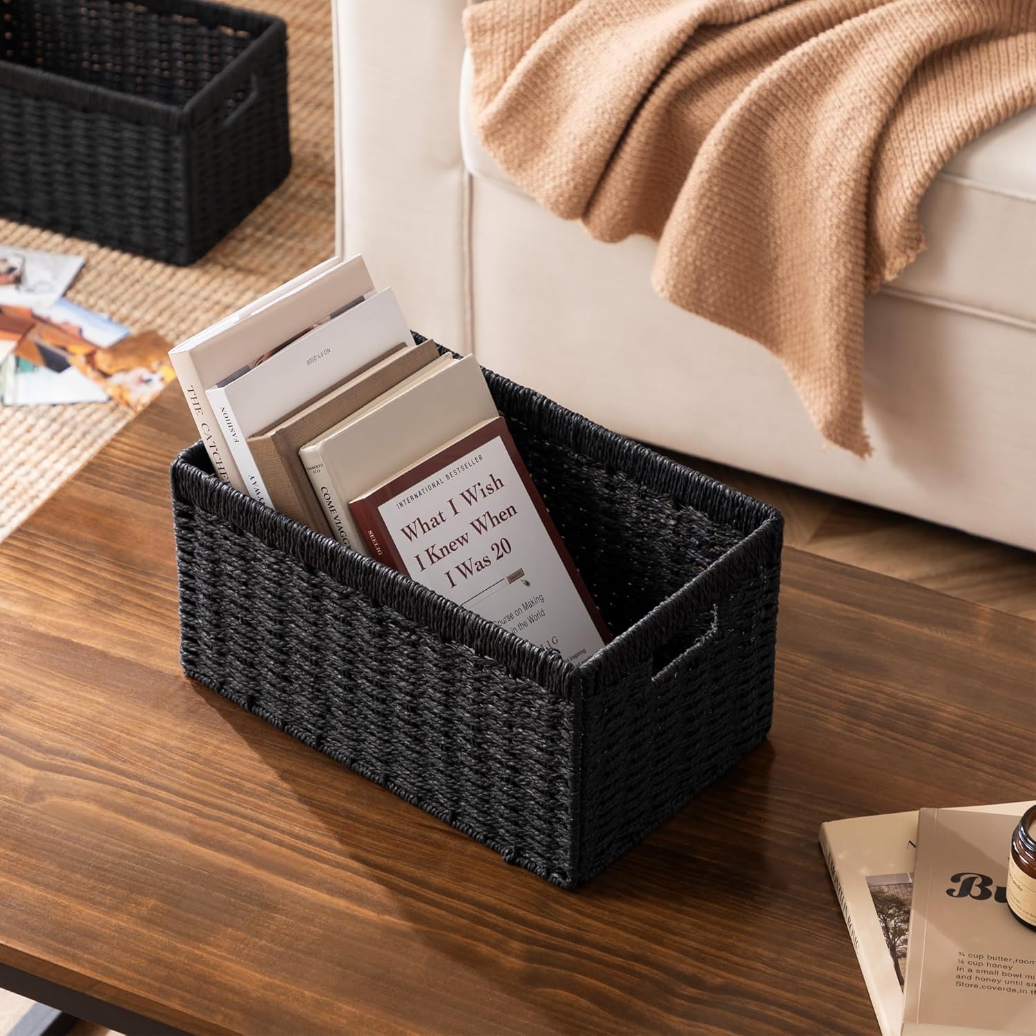 UBBCARE 4 Pack Wicker Basket, 13.4L×8.3H×7.1W inch Woven Paper Rope Storage Baskets for shelves, Foldable Rectangular Storage Baskets with Handle, Storage Basket for Organizing, Black