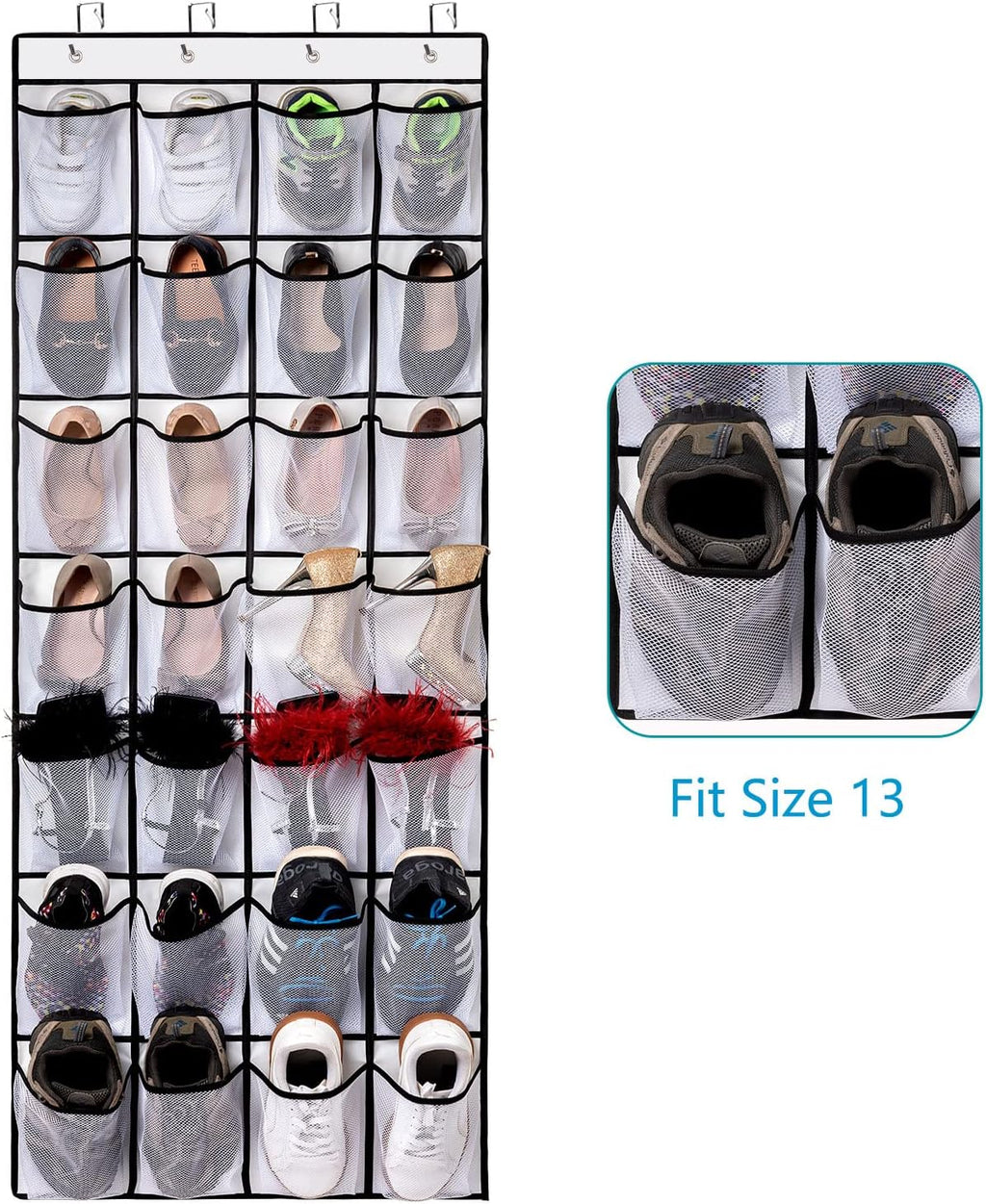 REGELETO 2 Pack 28 Pocket Over the Door Shoe Organizer, Hanging Shoe Rack for Door Large Capacity Shoe Organizer Holder with 4 Metal Hooks (White-2Pack)