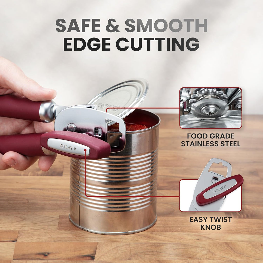 Zulay Kitchen Heavy Duty Stainless Steel Can Opener Manual with Bottle Opener - Rust Proof Manual Can Opener With Turn Knob & Comfy Soft Grip Handles - Deep Red