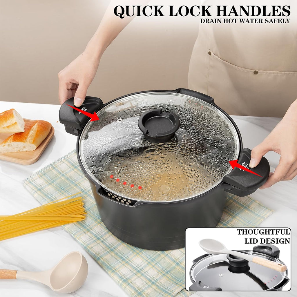 8.5qt Pasta Pot with Strainer Lid, Cast Aluminum Stockpot Multipot, Nonstick Ceramic Coating make Cleanup easy with Tempered Glass Lid, Dishwasher Safe, Induction, Black (Black, 8.5 Quarts)