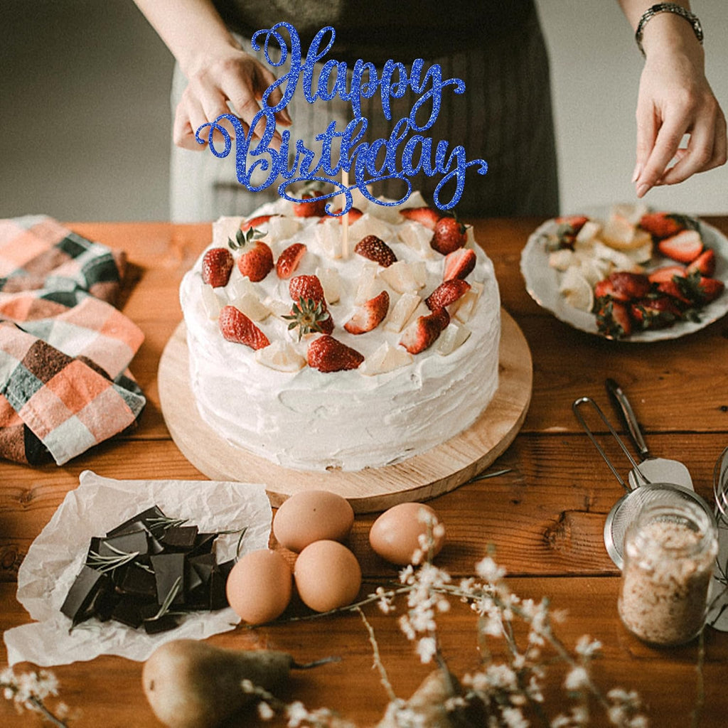 1 PCS Happy Birthday Cake Topper Glitter Happy Birthday Cake Pick Bunting Decor for Anniversary Celebrating Happy Birthday Party Cake Decorations Supplies Blue