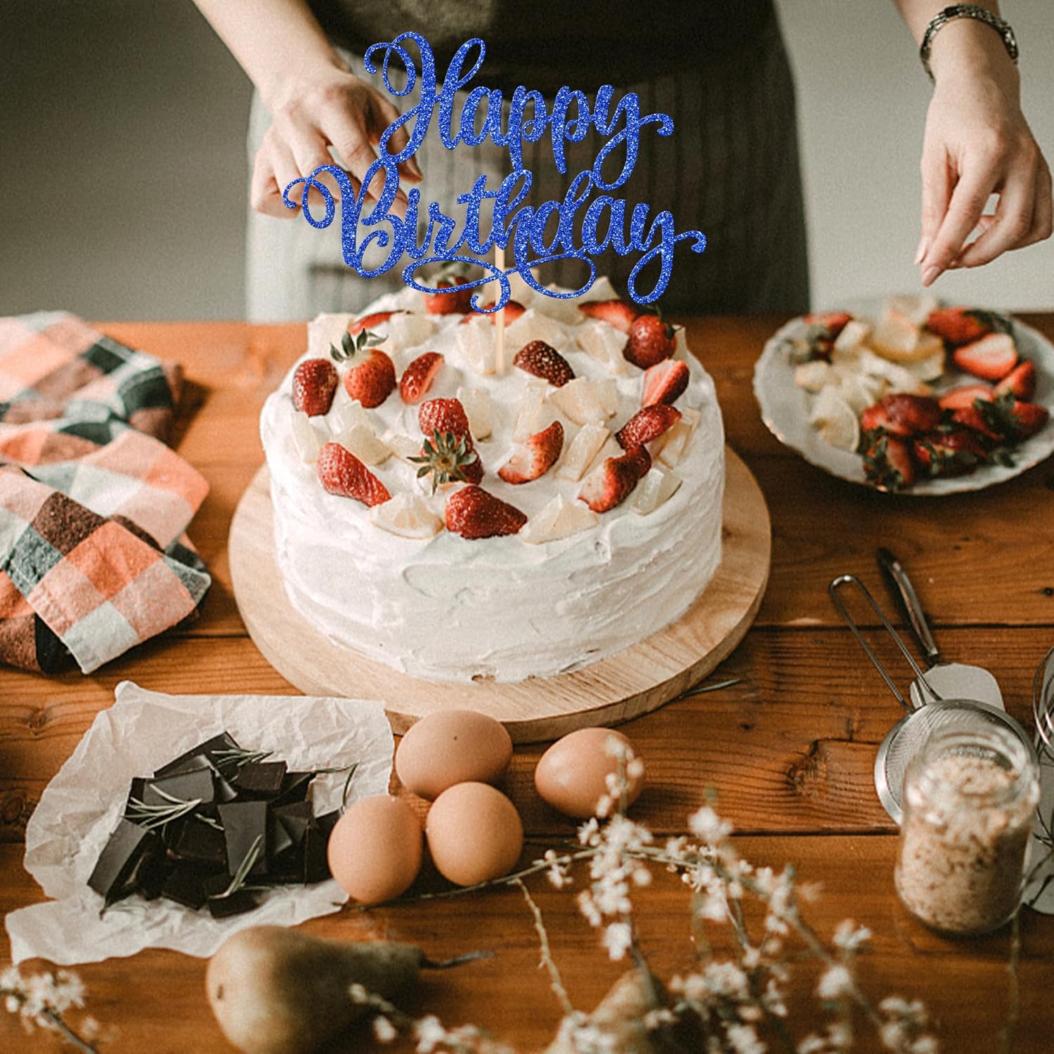 1 PCS Happy Birthday Cake Topper Glitter Happy Birthday Cake Pick Bunting Decor for Anniversary Celebrating Happy Birthday Party Cake Decorations Supplies Blue