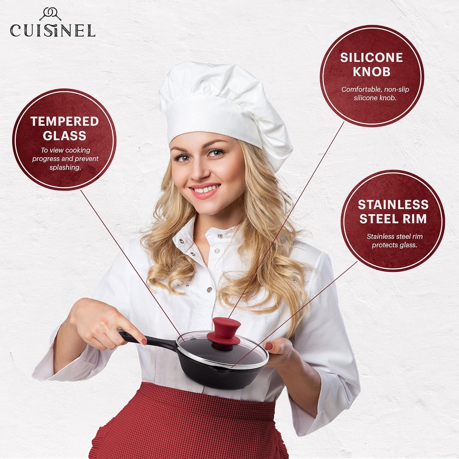 Cuisinel Glass Lid with Steam Vent Hole - 6"-Inch/15.24cm - Compatible with Lodge Cast Iron Skillet Pan - Fully Assembled Universal Replacement Cover - Tempered, Oven Safe - Reinforced Stainless Rim