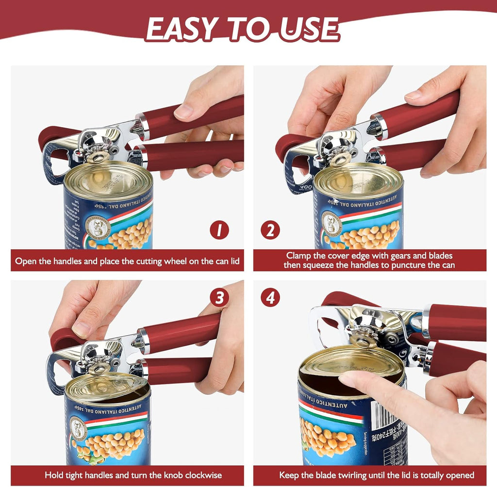 10 Colors Can Opener Manual Handheld Heavy Duty Hand Can Opener Smooth Edge Stainless Steel Can Openers Top Lid Kitchen Gadgets, Best Large Rated Easy Turn Knob, with Bottle Opener, Burgundy