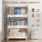 300Qt Stackable Storage Bins with Lid, Extra Large Closet Organizer Collapsible Drawer Boxes with Wheels, Folding Plastic Cabinet Containers for Home Kitchen Room Organization, 3Pack White
