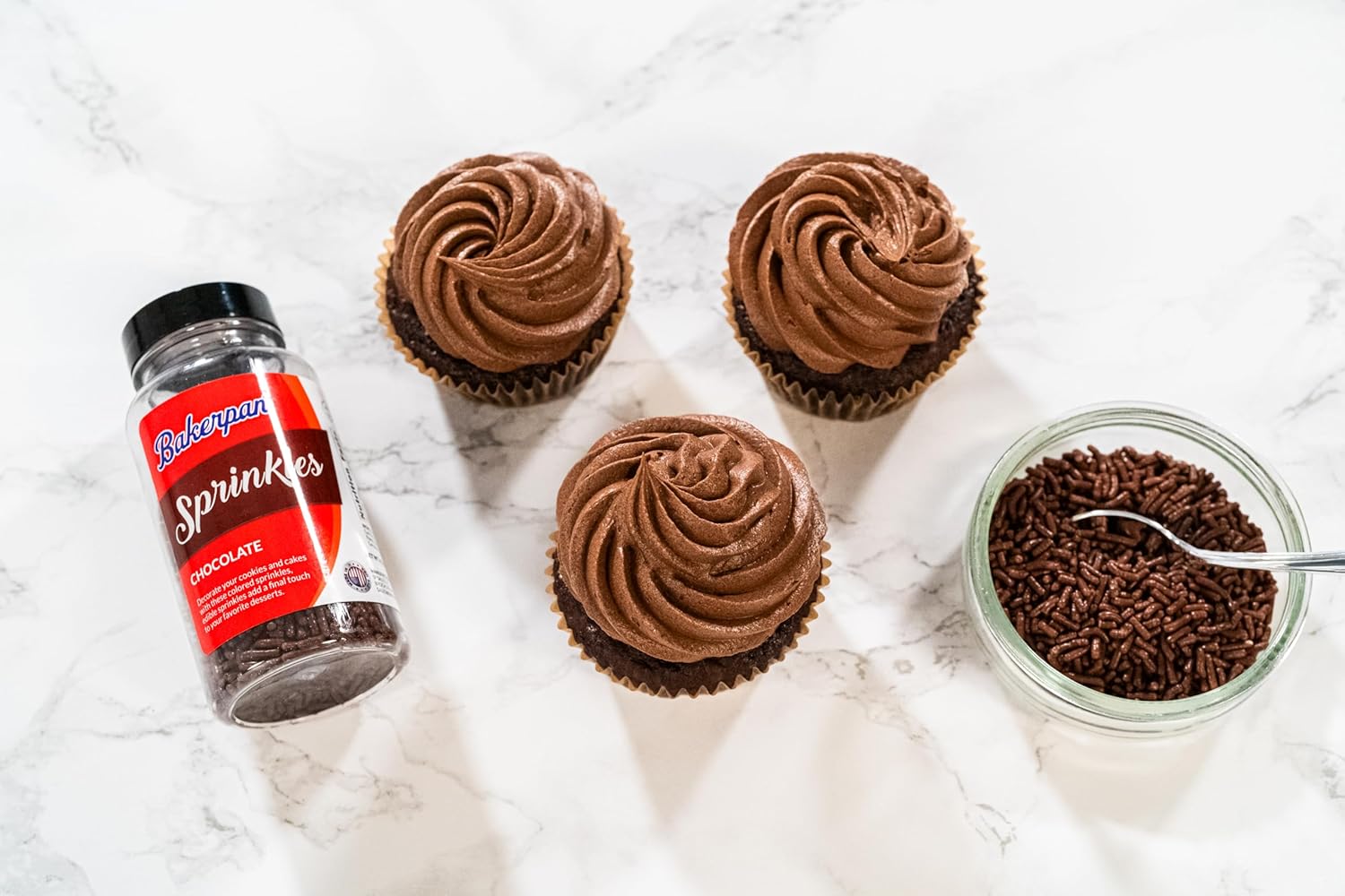 Bakerpan Chocolate Sprinkles for Cake Decorating - 2 Bottles of 4.3 Ounces Chocolate Jimmies Sprinkles for Ice Cream, Baking, Cupcakes, Cookies (Made in USA)