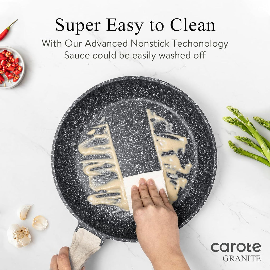 CAROTE Non Stick Frying Pan Skillet, Nonstick Granite Fry Pan with Glass Lid, Egg Pan Omelet Pans, Stone Cookware Chef's Pan, PFOA Free (Classic Granite, 10-Inch)