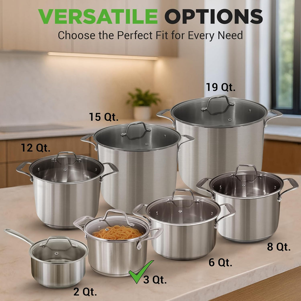 NutriChef 3-Quart Stainless Steel Pot with Glass Lid - 18/8 Food Grade Heavy Duty Cookware Stockpot for Stews, Simmering & Soups, Dishwasher Safe, For Induction, Gas & Ceramic Cooktops - NCSP3