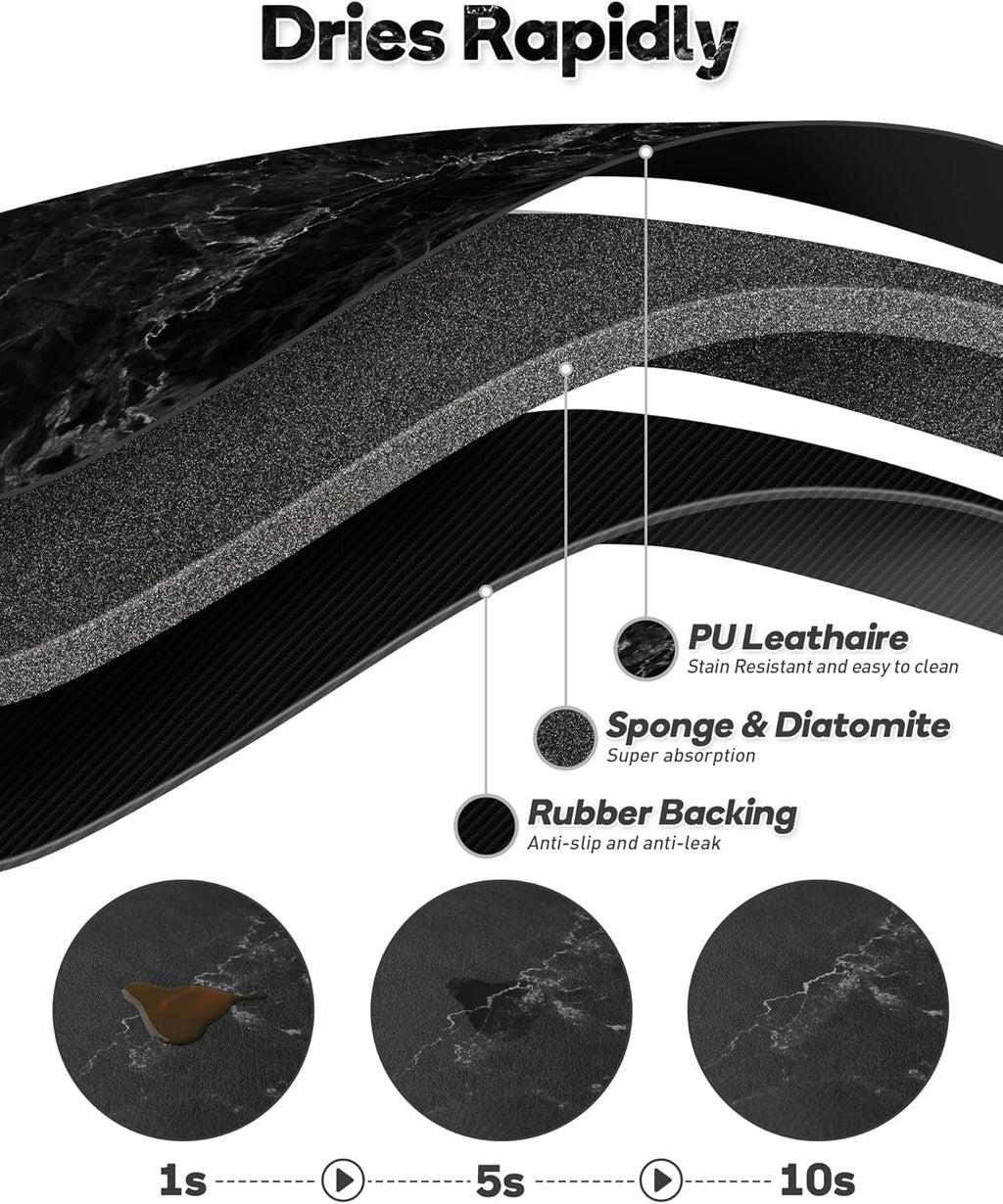 SUEH DESIGN Coffee Mat, Absorbent Dish Drying Mat 19.6 x 11.8 in Quick Dry Coffee Mat Large Drying Mats for Kitchen Counter Coffee Bar, Marble Black